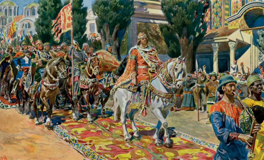 Color illustration of a crowned king in ornate robes riding a white horse over a patterned carpet through a grand city gateway, armored knights and a banner-bearer following as onlookers and musicians watch from the sides.